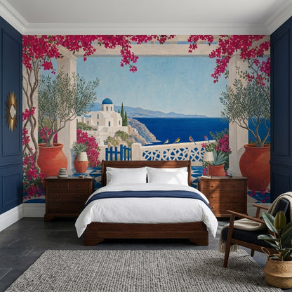 Mediterranean Coastal Wallpaper Santorini Terrace Scene Wall Mural