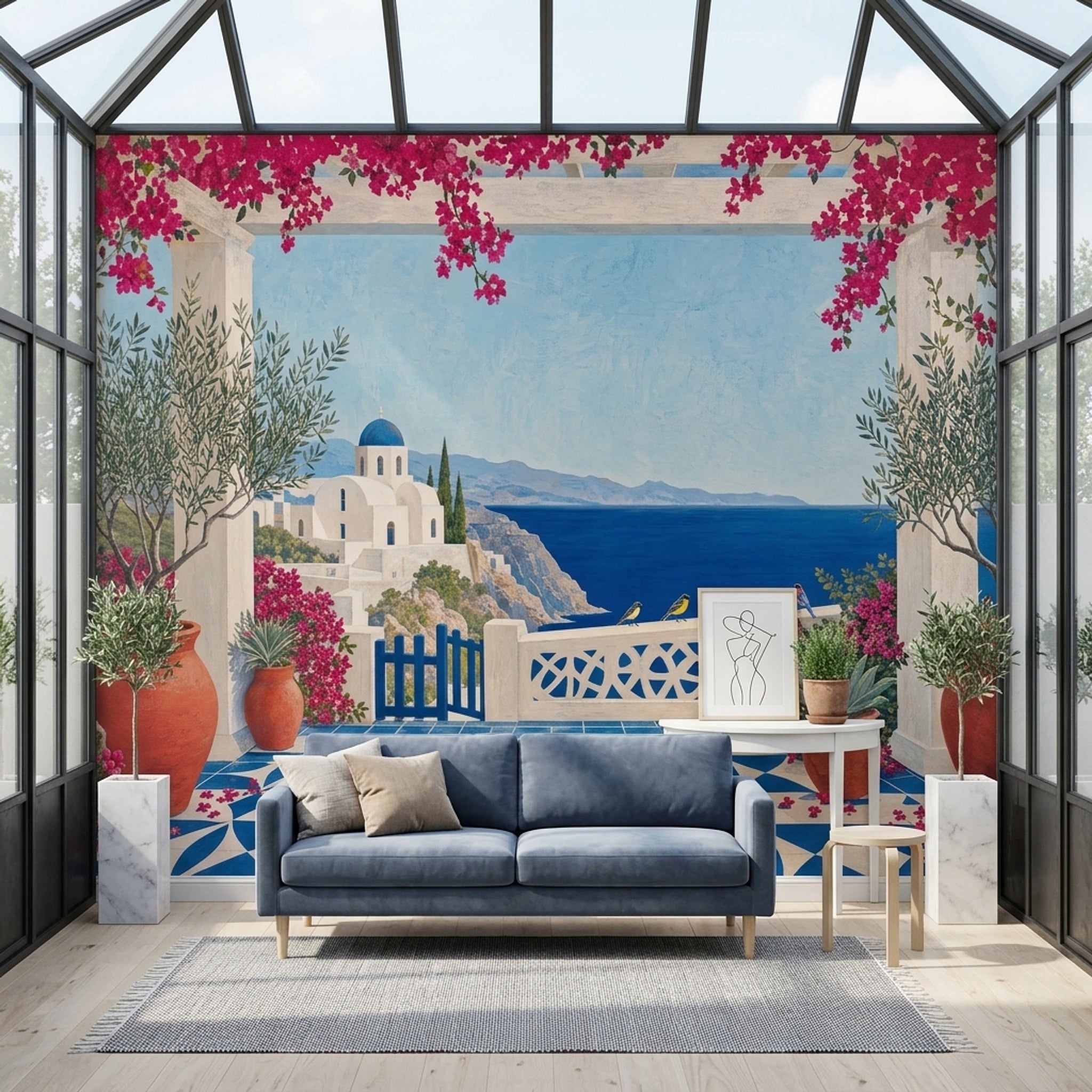 Mediterranean Coastal Wallpaper Santorini Terrace Scene Wall Mural