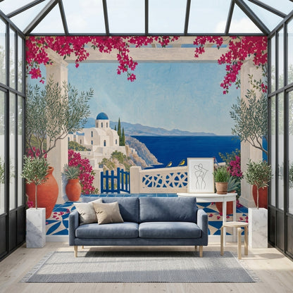 Mediterranean Coastal Wallpaper Santorini Terrace Scene Wall Mural