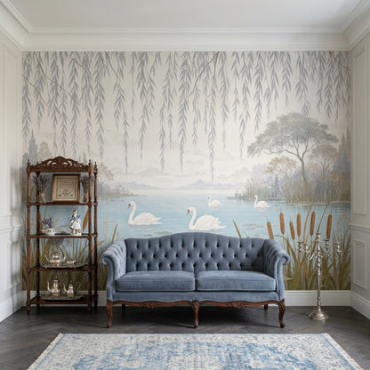 Swan Lake Wallpaper Willow Branches Scenic Wall Mural