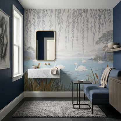 Swan Lake Wallpaper Willow Branches Scenic Wall Mural