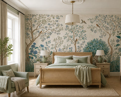 Blue Blossom Bird Wallpaper Vintage Botanical Wall Mural