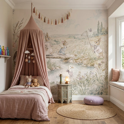 Woodland Bunny Wallpaper Watercolor Meadow Scene Wall Mural