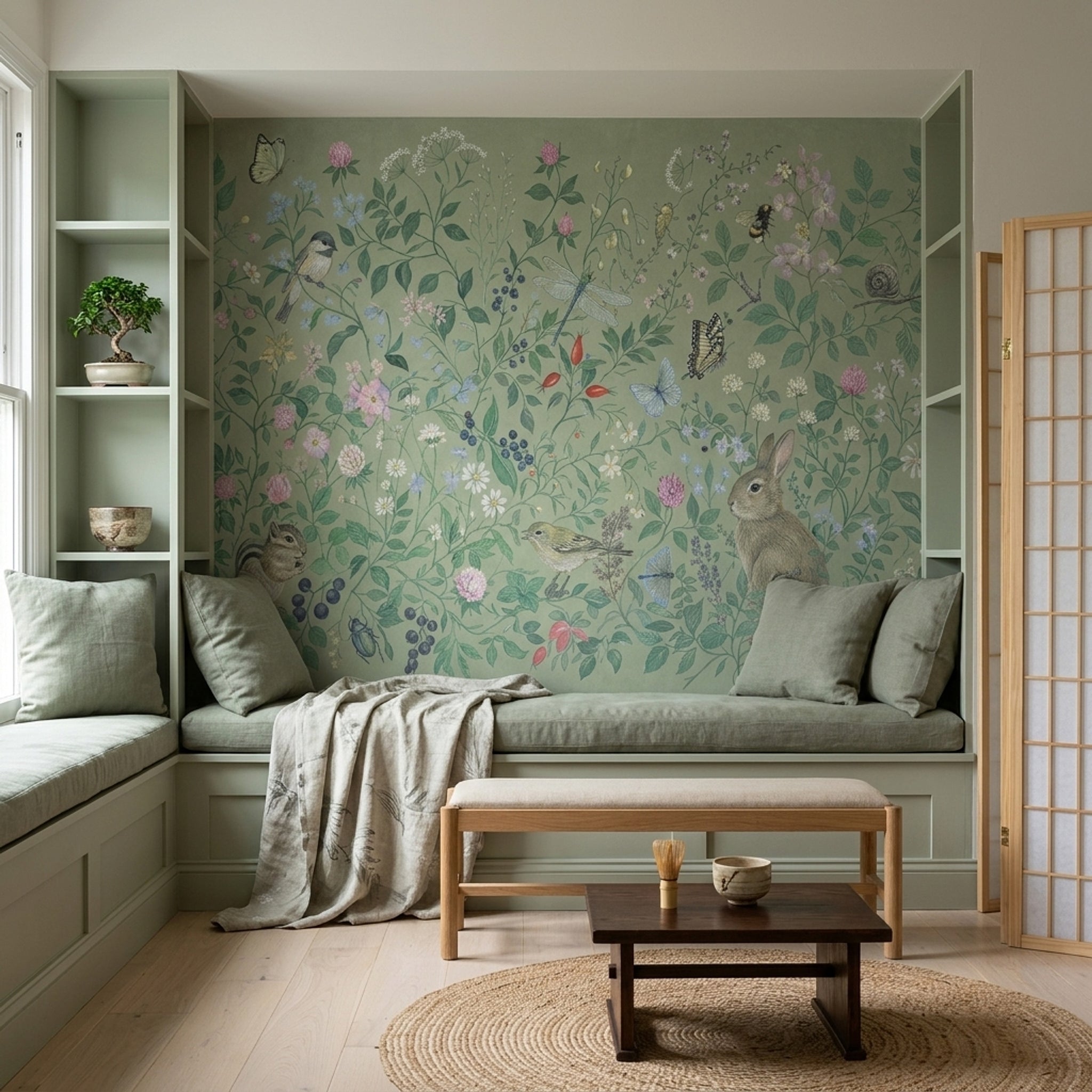 Woodland Wildlife Wallpaper Green Floral Meadow Wall Mural