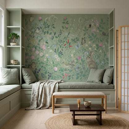 Woodland Wildlife Wallpaper Green Floral Meadow Wall Mural