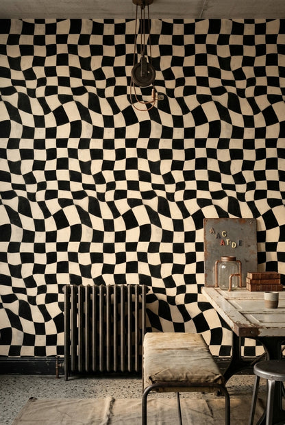 Wavy Checkerboard Wallpaper Black And Ivory Distressed Texture Removable Wall Decor