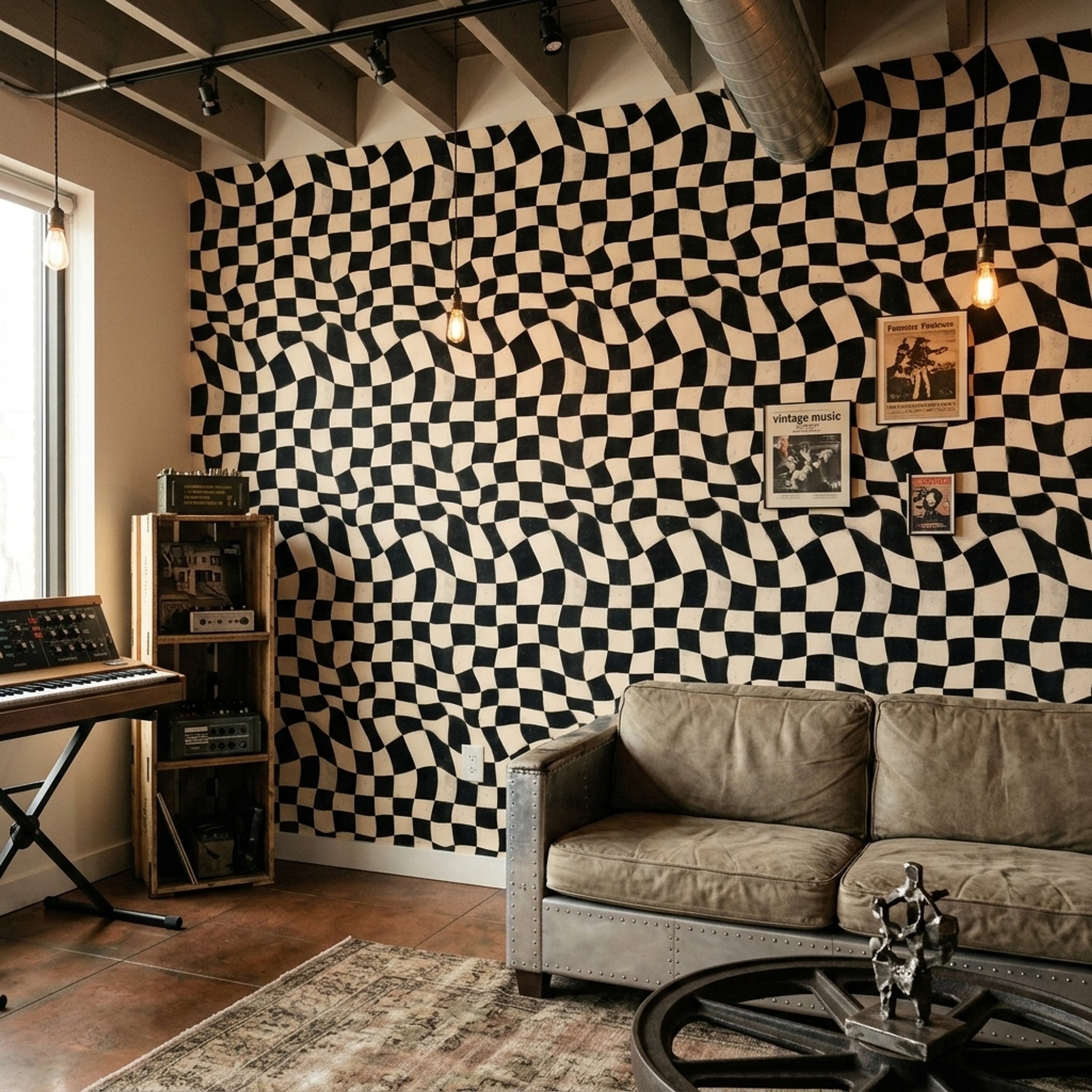 Wavy Checkerboard Wallpaper Black And Ivory Distressed Texture Removable Wall Decor