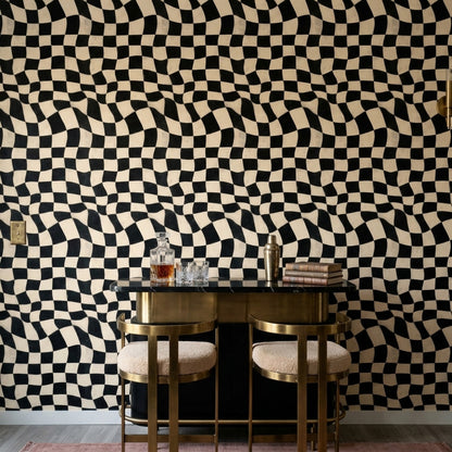 Wavy Checkerboard Wallpaper Black And Ivory Distressed Texture Removable Wall Decor