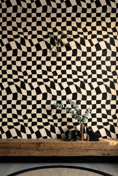 Wavy Checkerboard Wallpaper Black And Ivory Distressed Texture Removable Wall Decor