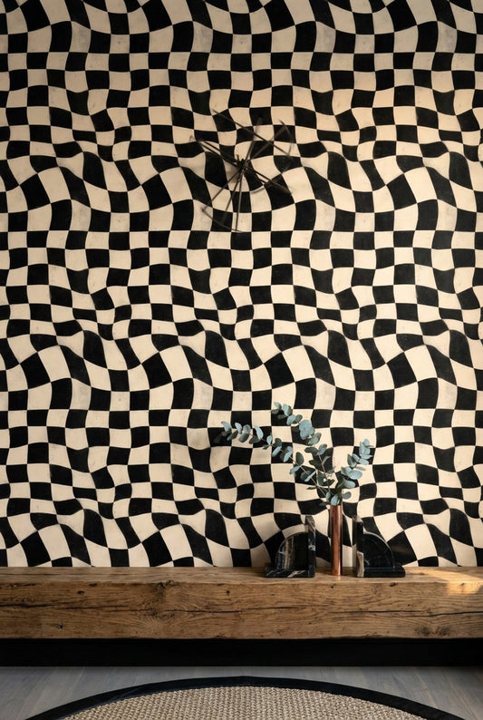 Wavy Checkerboard Wallpaper Black And Ivory Distressed Texture Removable Wall Decor