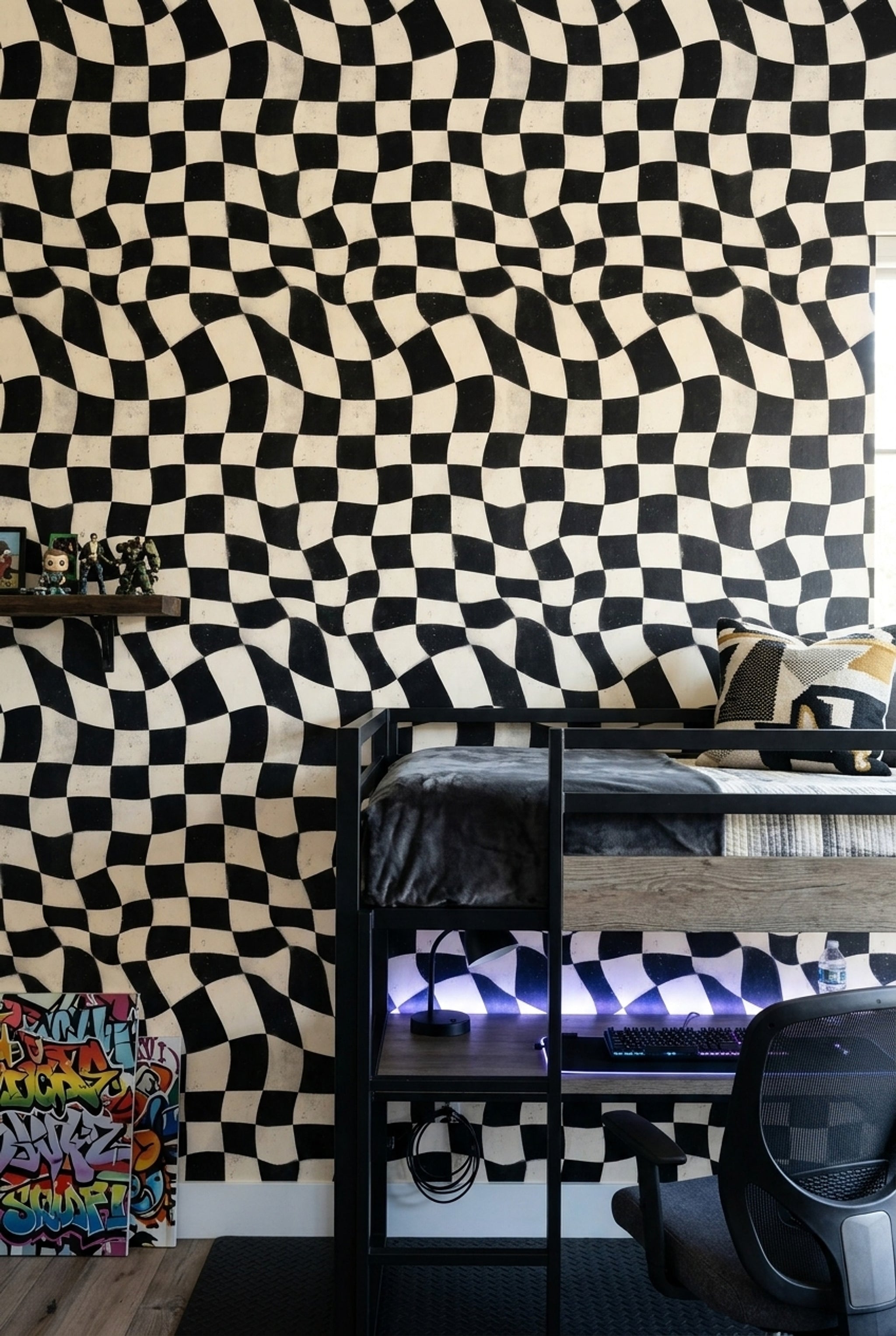 Wavy Checkerboard Wallpaper Black And Ivory Distressed Texture Removable Wall Decor