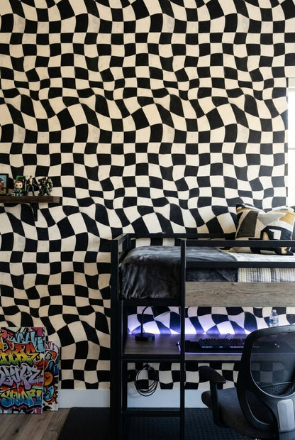 Wavy Checkerboard Wallpaper Black And Ivory Distressed Texture Removable Wall Decor