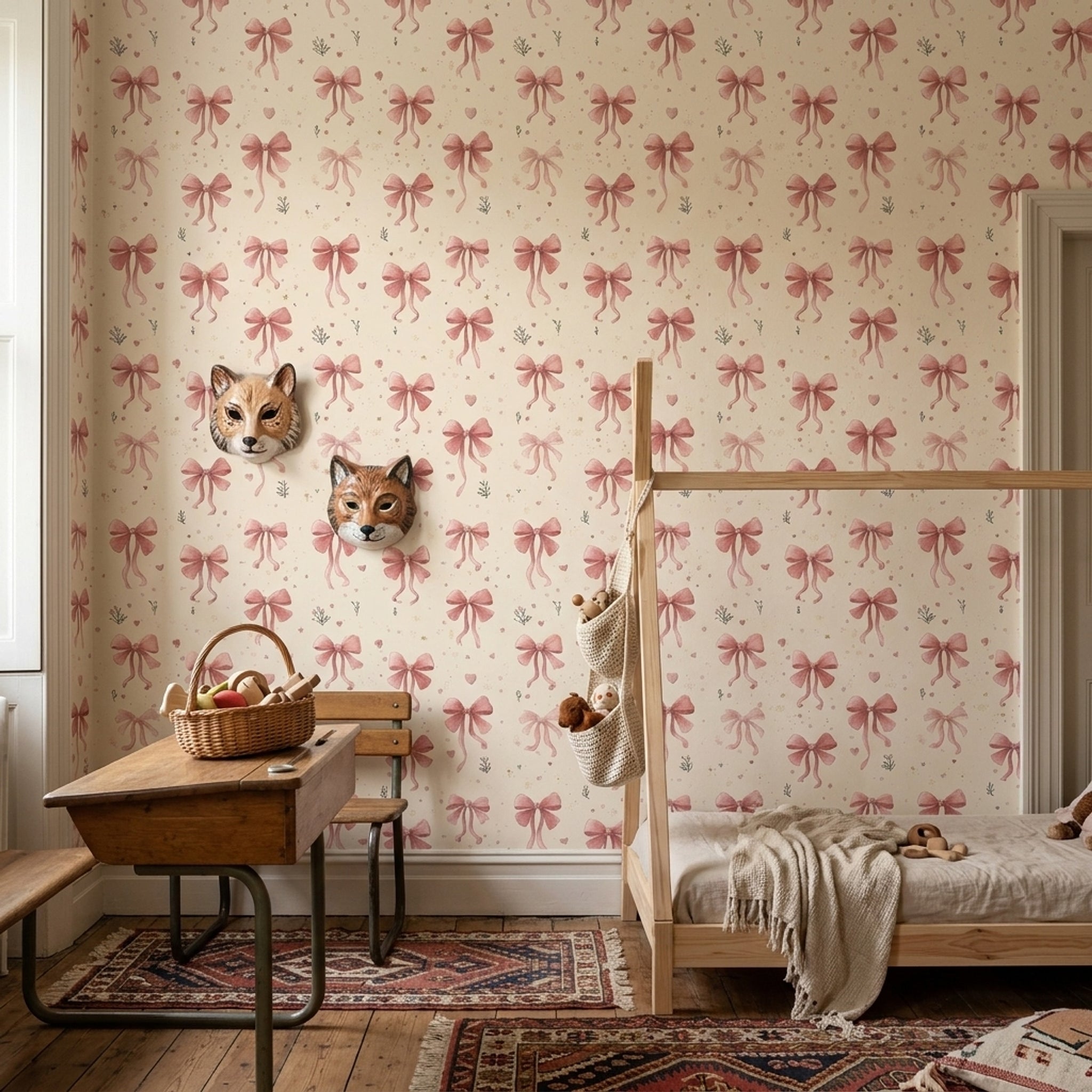 Pink Bows Wallpaper Cream Background Romantic Decorative Mural