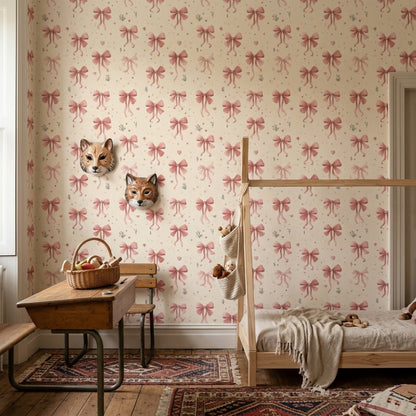 Pink Bows Wallpaper Cream Background Romantic Decorative Mural