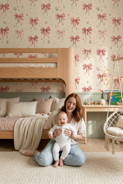 Pink Bows Wallpaper Cream Background Romantic Decorative Mural