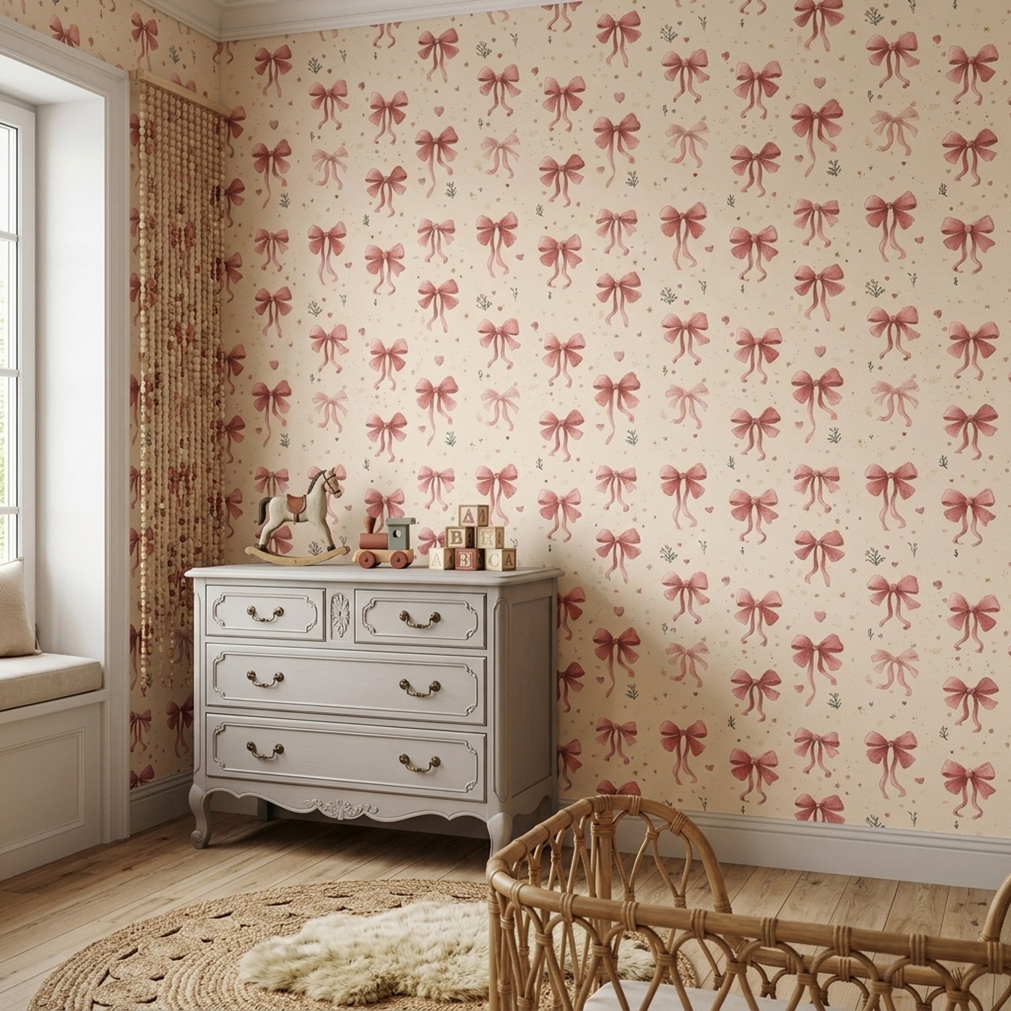 Pink Bows Wallpaper Cream Background Romantic Decorative Mural
