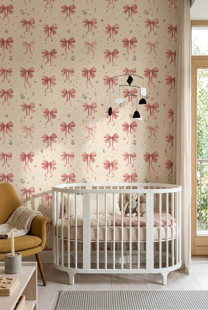 Pink Bows Wallpaper Cream Background Romantic Decorative Mural