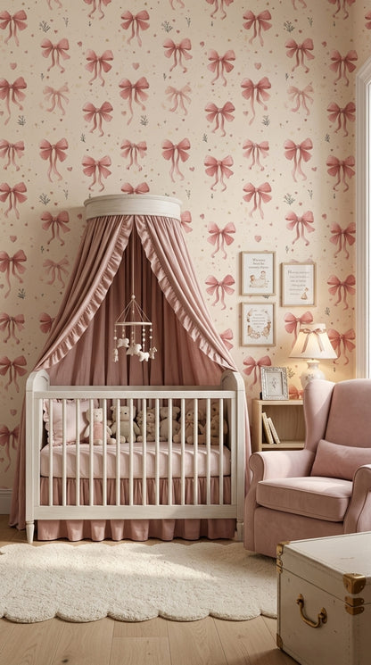 Pink Bows Wallpaper Cream Background Romantic Decorative Mural