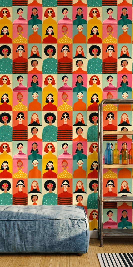 Colorful Portraits Wallpaper Women Fashion Illustration Removable Wall Decor