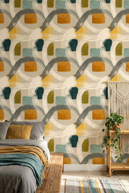 Abstract Wallpaper Brushstrokes Geometric Blocks Decorative Mural