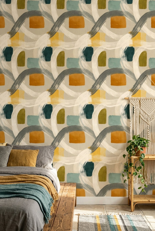 Abstract Wallpaper Brushstrokes Geometric Blocks Decorative Mural