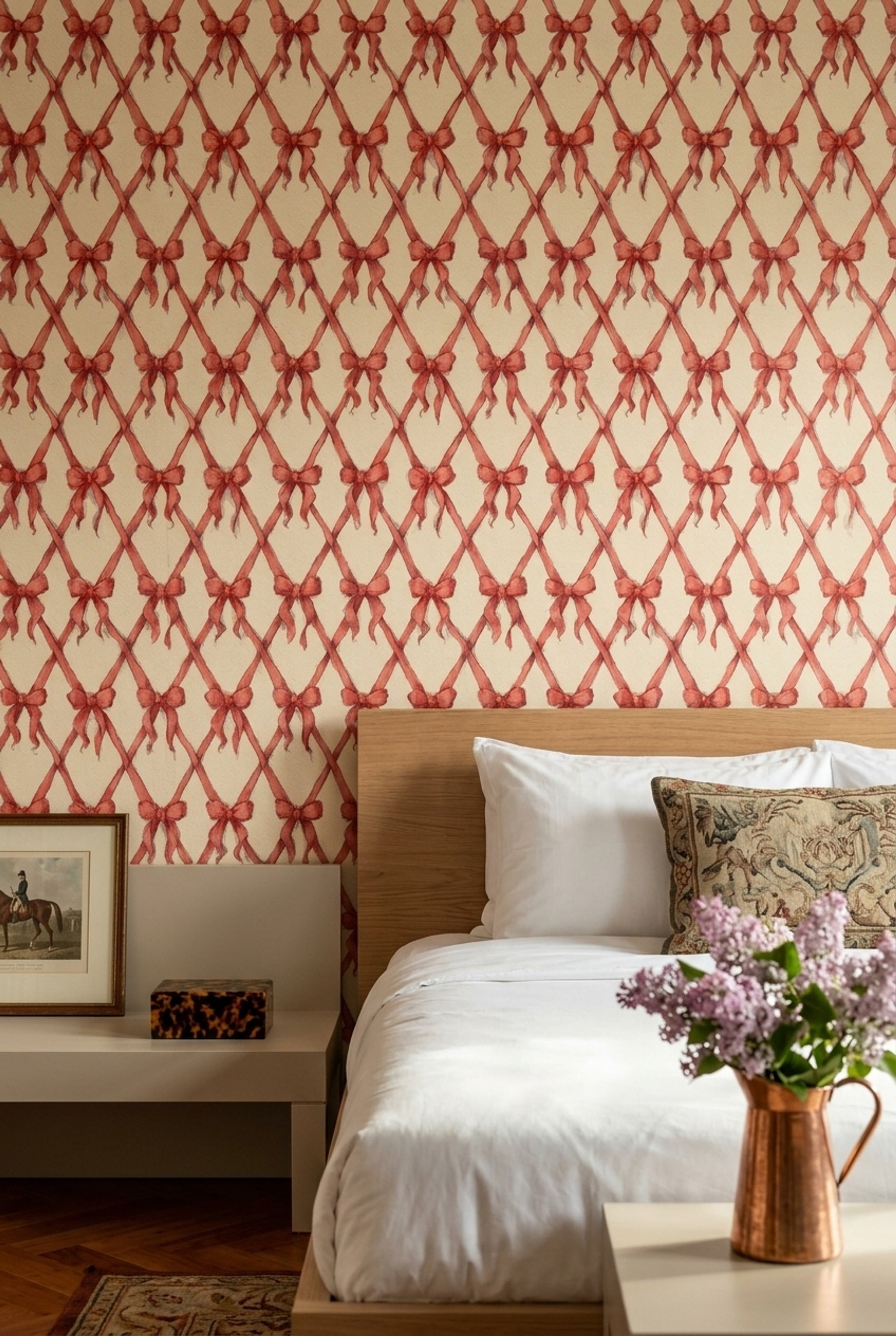 Red Bows Wallpaper Ribbon Lattice Trellis Pattern Removable Wall Decor