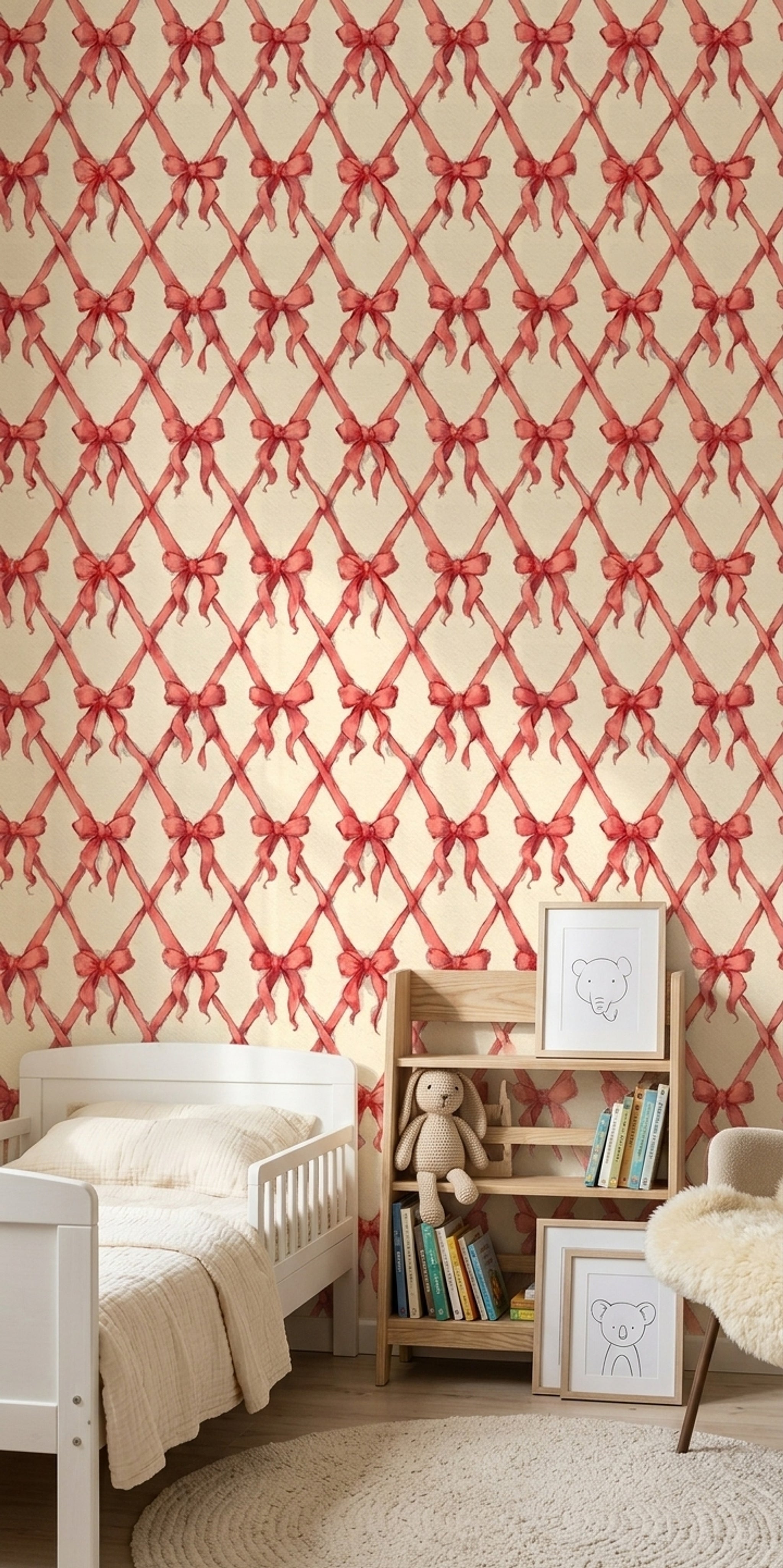 Red Bows Wallpaper Ribbon Lattice Trellis Pattern Removable Wall Decor