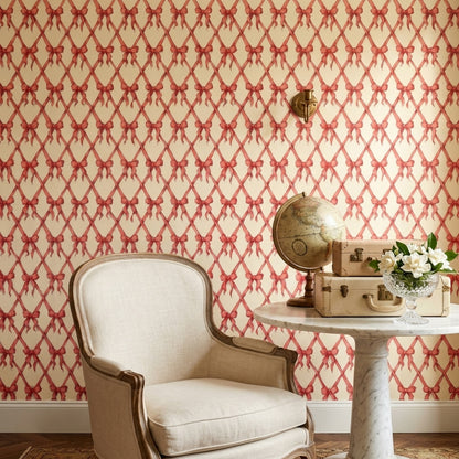Red Bows Wallpaper Ribbon Lattice Trellis Pattern Removable Wall Decor