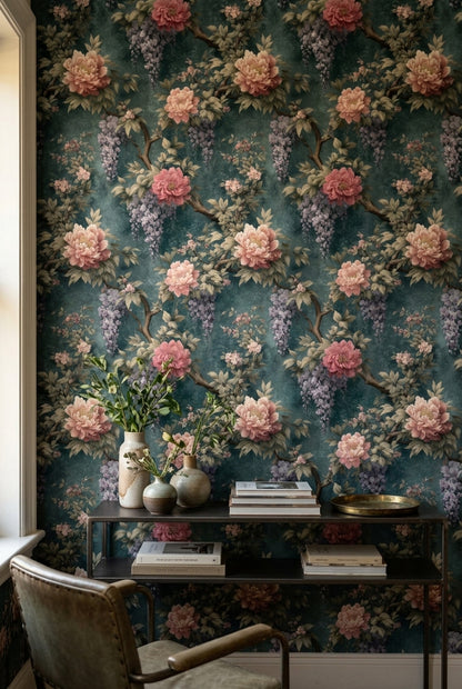 Dark Floral Wallpaper Chinoiserie Removable Vintage Wall Double Roll