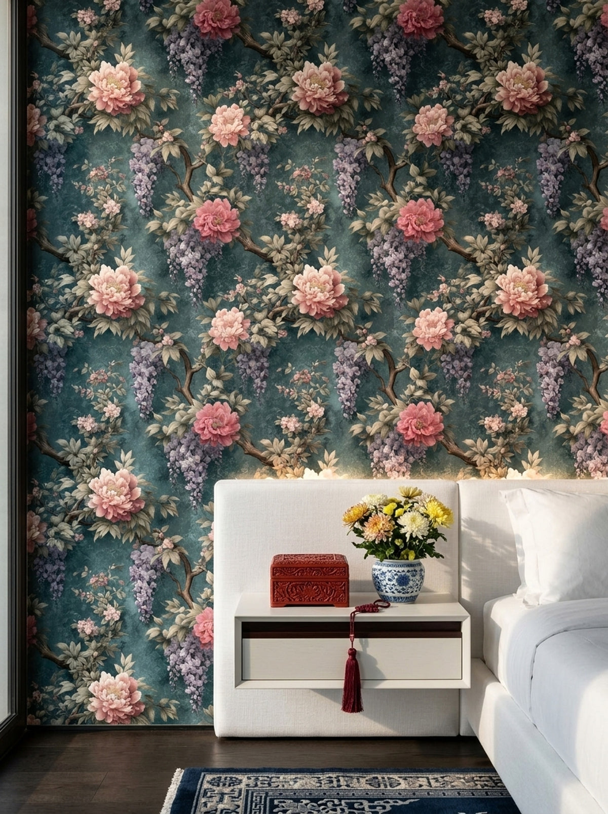 Dark Floral Wallpaper Chinoiserie Removable Vintage Wall Double Roll