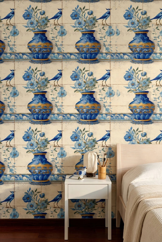 Muted Green Wallpaper Mediterranean Vintage Removable Wall Decor