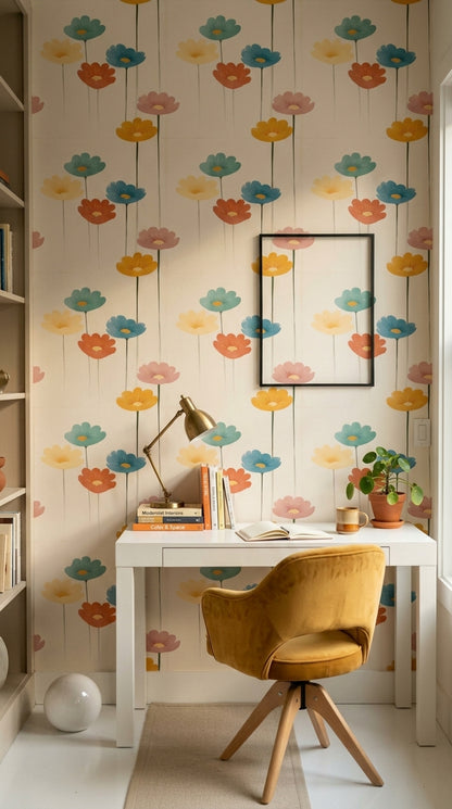Mid Century Modern Wallpaper Muted Green Removable Floral Wall Double Roll