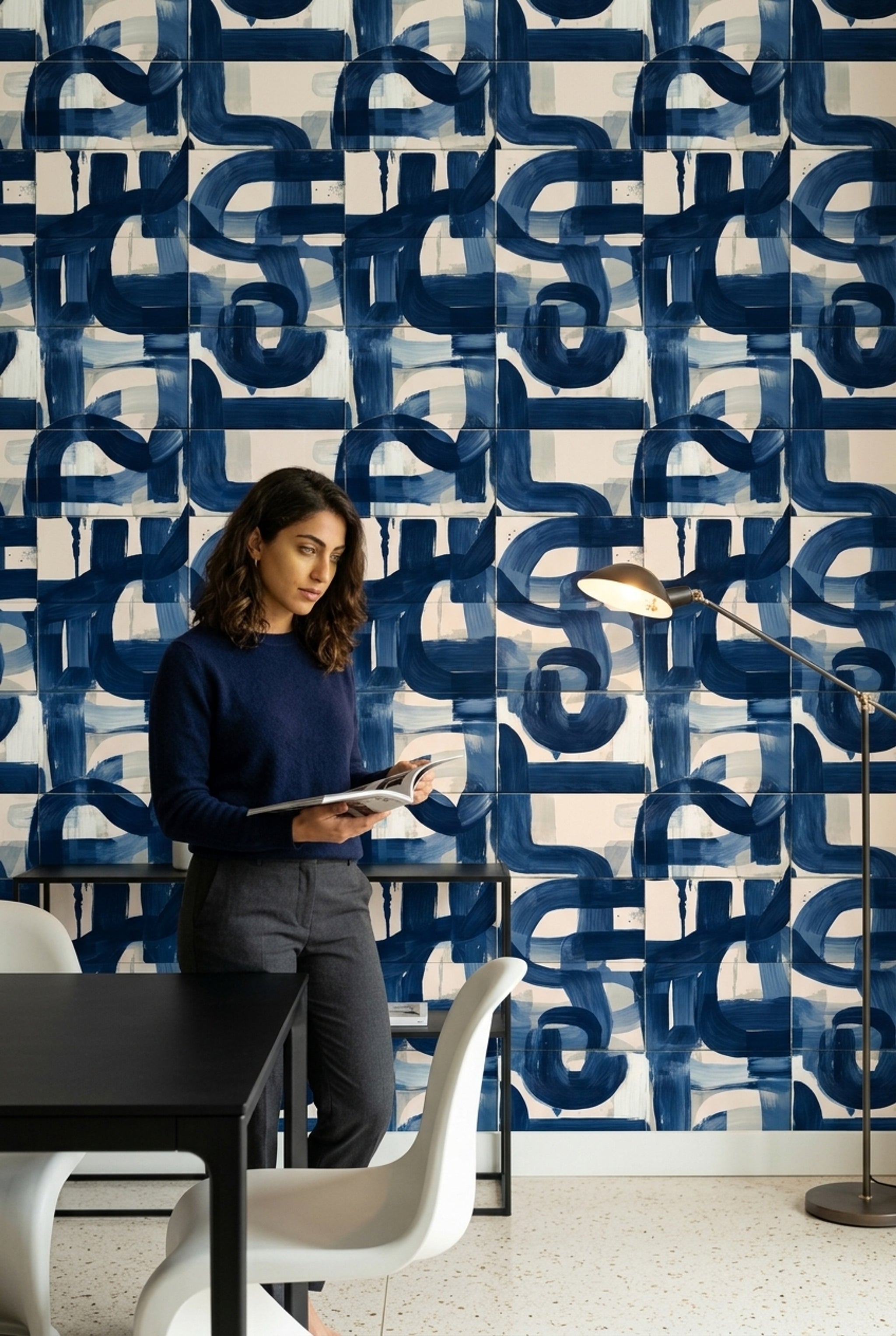 Navy Brushstrokes Wallpaper Geometric Modern Decorative Mural
