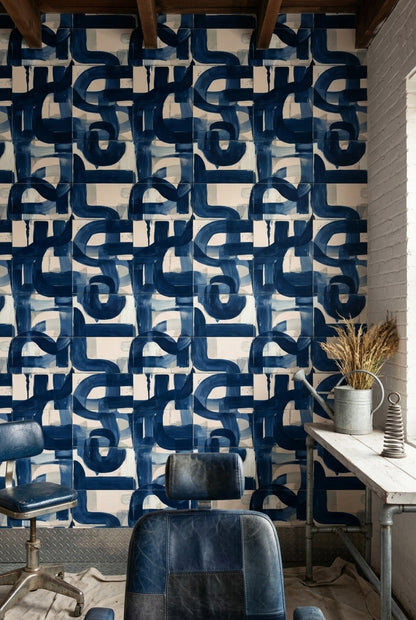 Navy Brushstrokes Wallpaper Geometric Modern Decorative Mural