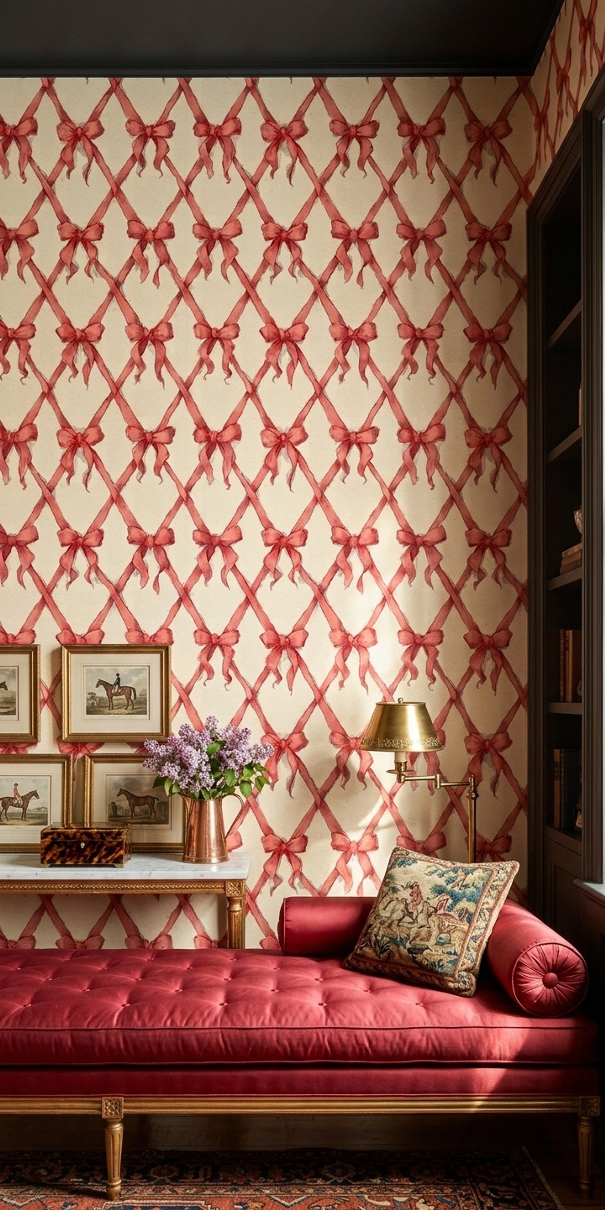 Red Bows Wallpaper Ribbon Lattice Trellis Pattern Removable Wall Decor