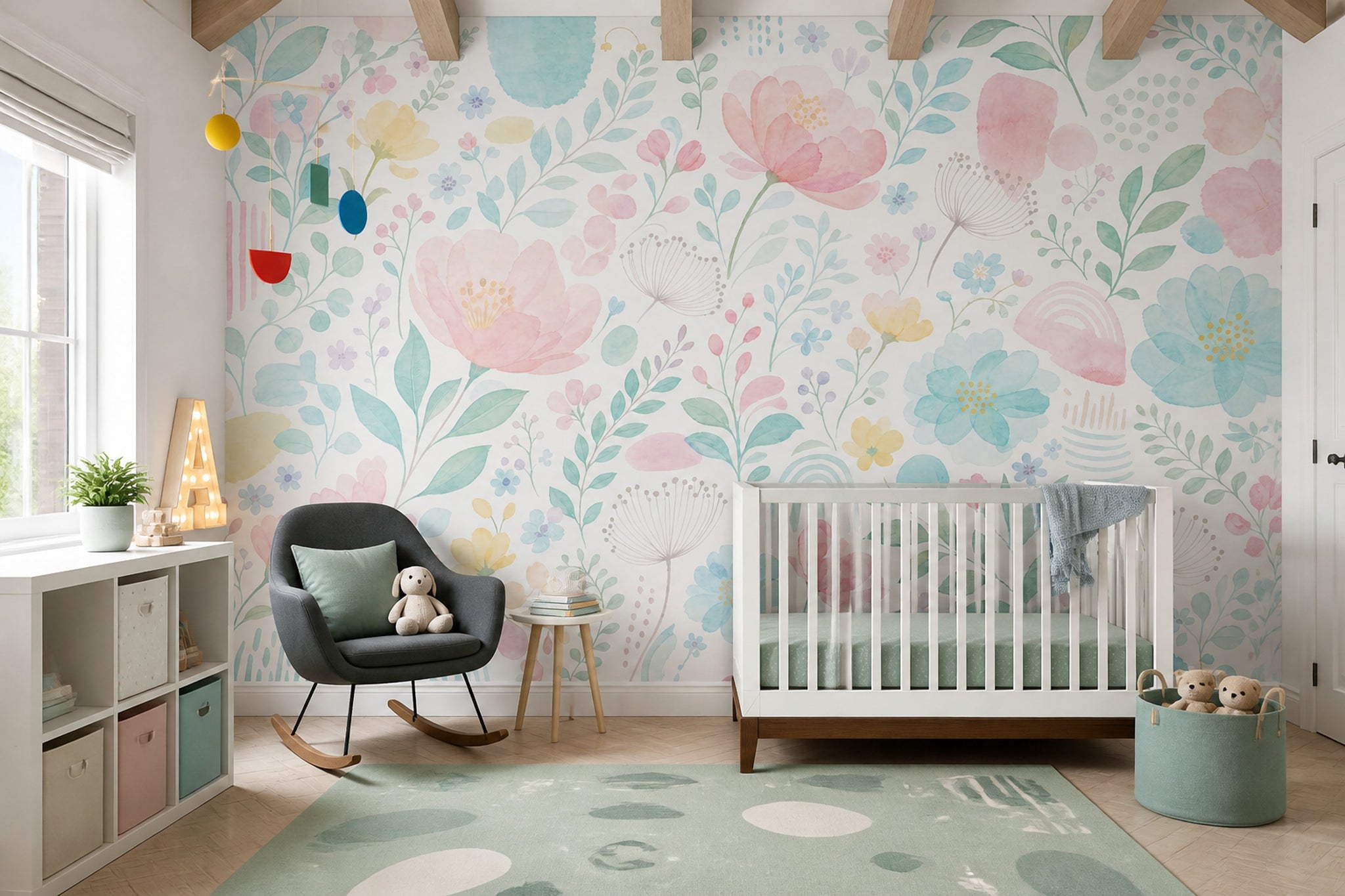 White Background Wallpaper Pastel Botanical Wall Mural