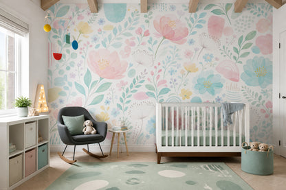 White Background Wallpaper Pastel Botanical Wall Mural