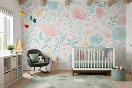 White Background Wallpaper Pastel Botanical Wall Mural