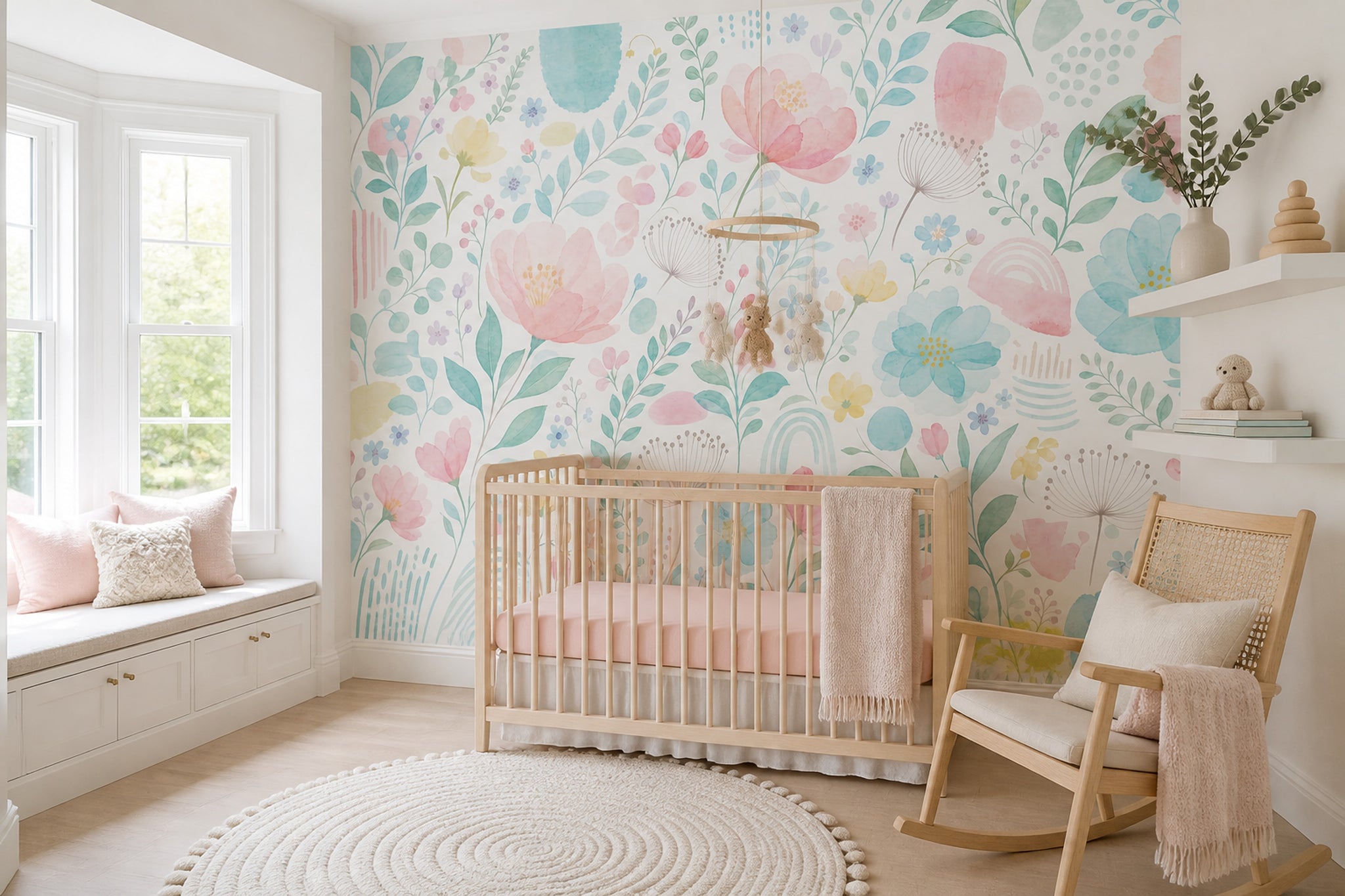 White Background Wallpaper Pastel Botanical Wall Mural