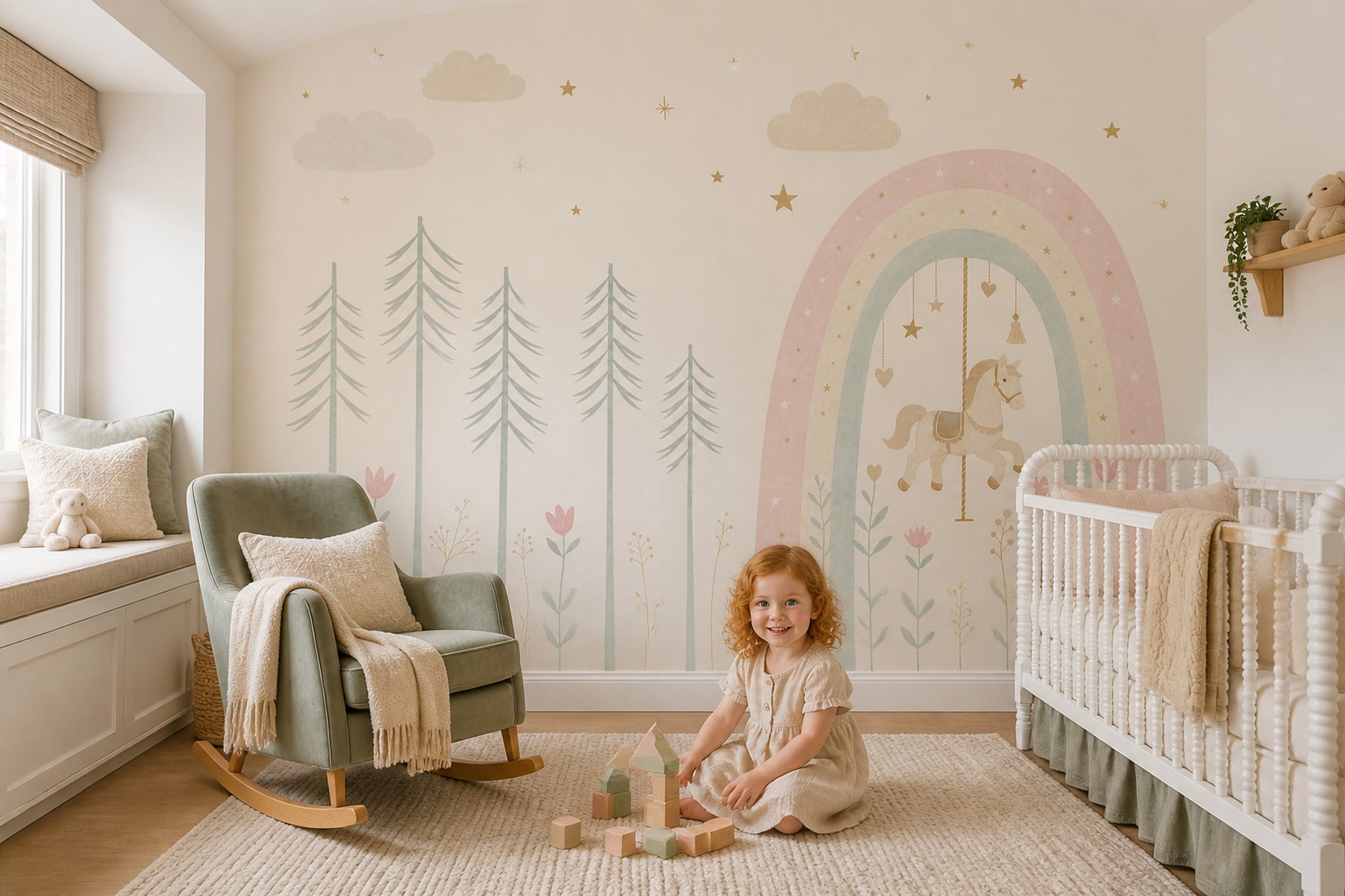 Beige Clouds Wallpaper Pastel Sky Rainbow Removable Wall Decor