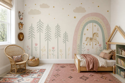 Beige Clouds Wallpaper Pastel Sky Rainbow Removable Wall Decor