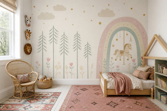 Beige Clouds Wallpaper Pastel Sky Rainbow Removable Wall Decor