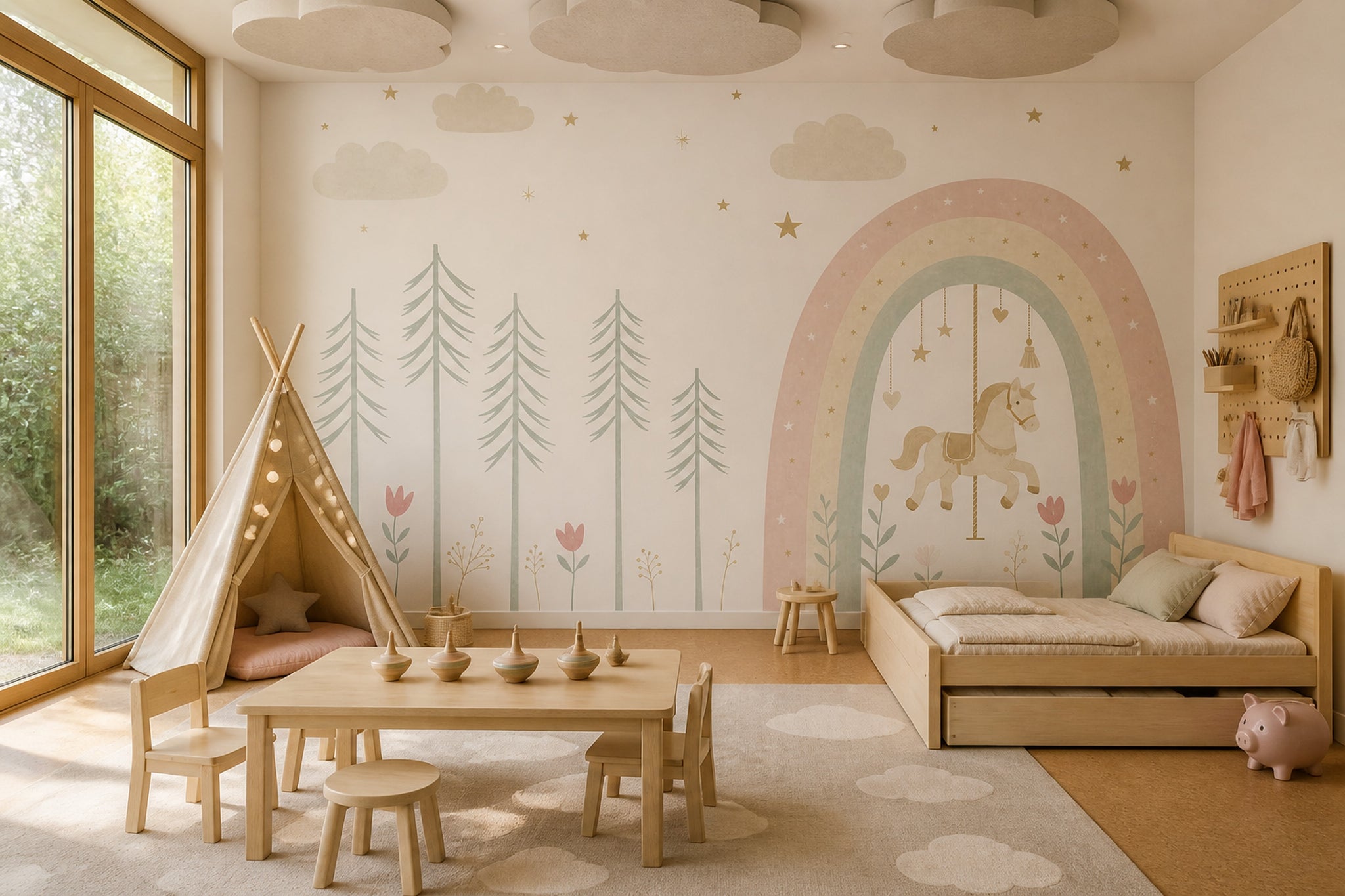 Beige Clouds Wallpaper Pastel Sky Rainbow Removable Wall Decor