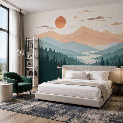 Watercolor Texture Wallpaper Mountain Landscape Sunset Removable Wall Decor