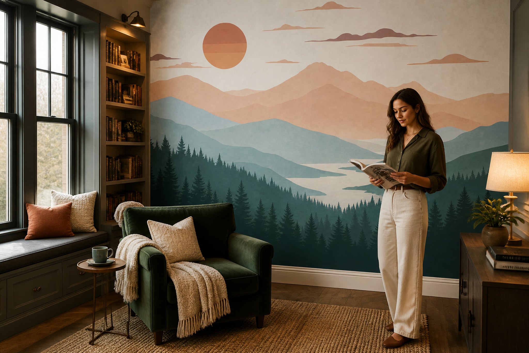 Watercolor Texture Wallpaper Mountain Landscape Sunset Removable Wall Decor