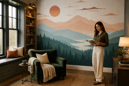 Watercolor Texture Wallpaper Mountain Landscape Sunset Removable Wall Decor