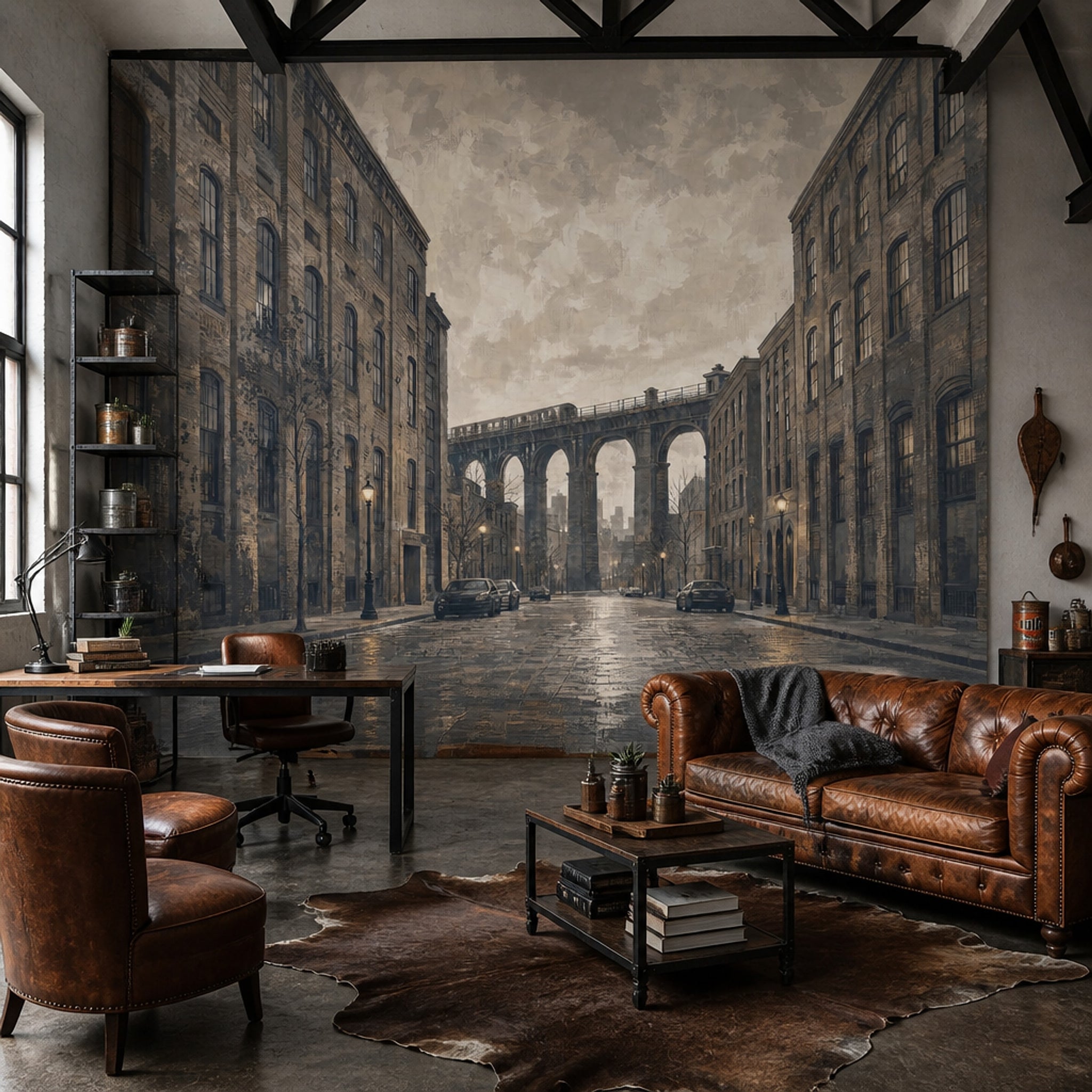 Industrial Cityscape Wallpaper Vintage Urban Brick Buildings Wall Mural
