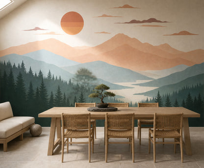 Watercolor Texture Wallpaper Mountain Landscape Sunset Removable Wall Decor
