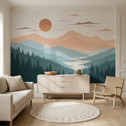 Watercolor Texture Wallpaper Mountain Landscape Sunset Removable Wall Decor