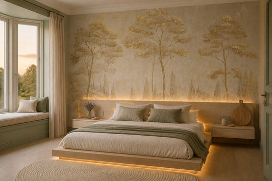 Gold Trees Wallpaper Beige Landscape Removable Metallic Wallpaper Wall Decor
